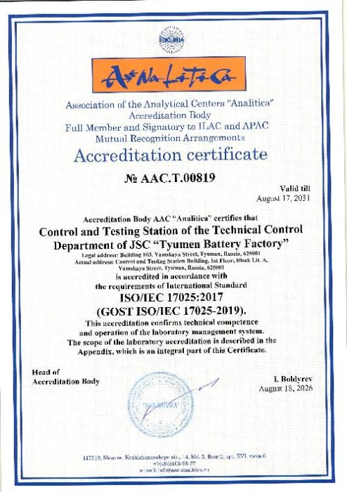 Accreditation certificate control and testing station № ААС.Т.00819